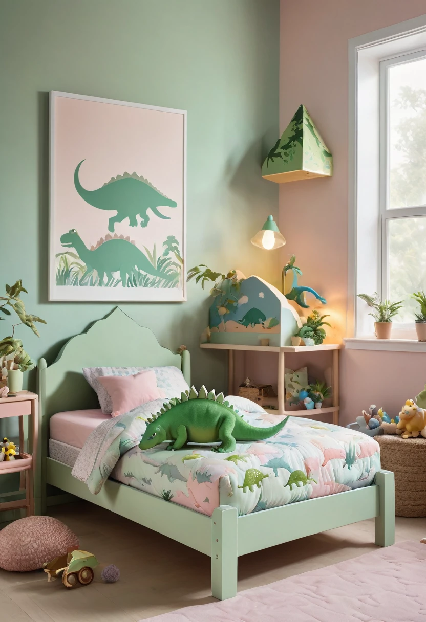 A high-resolution photograph captures a cute boy's bed with a dinosaur-patterned mattress, nestled in a minimalistic pastel-themed room. The cinematic concept features soft, diffused lighting, highlighting the intricate details of the playful dinosaur designs. The soothing pastel color mood creates a tranquil atmosphere, making the vibrant dinosaur elements stand out vividly.