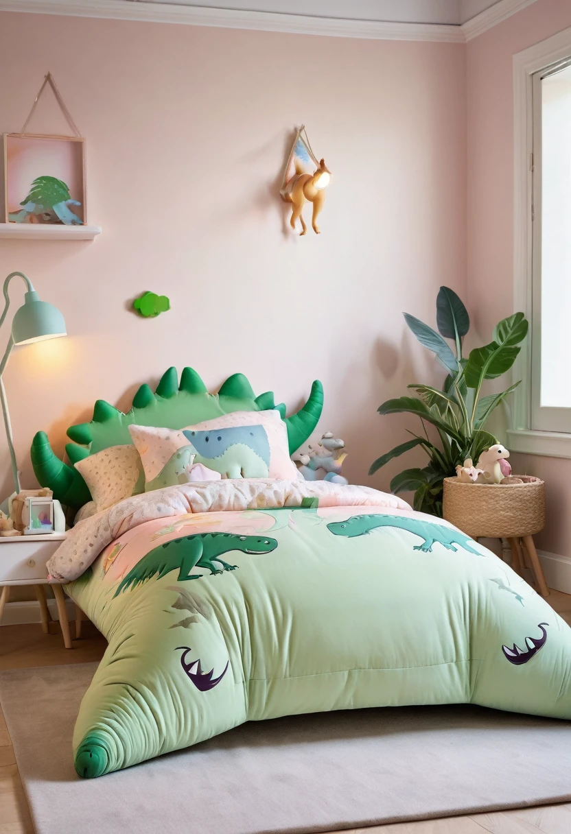 A high-resolution photograph captures a cute boy's bed with a dinosaur-patterned mattress, nestled in a minimalistic pastel-themed room. The cinematic concept features soft, diffused lighting, highlighting the intricate details of the playful dinosaur designs. The soothing pastel color mood creates a tranquil atmosphere, making the vibrant dinosaur elements stand out vividly.