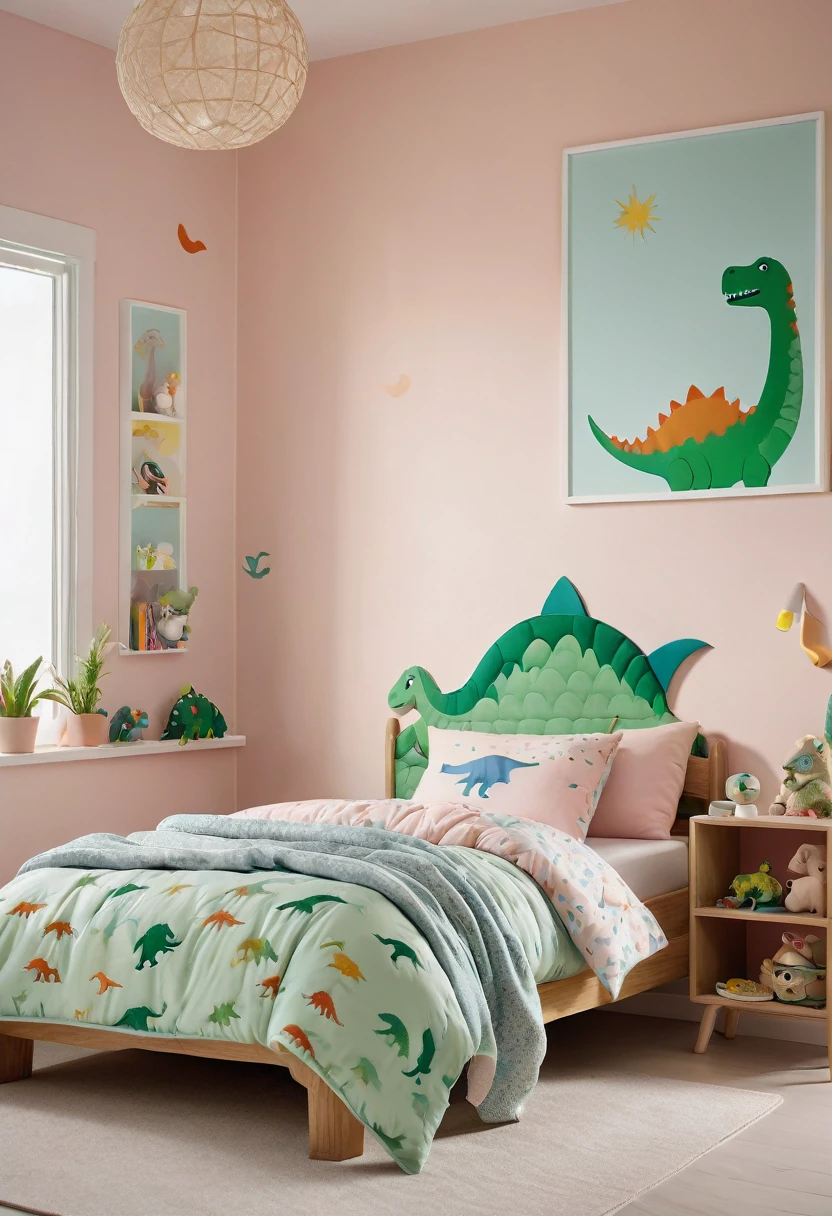 A high-resolution photograph captures a cute boy's bed with a dinosaur-patterned mattress, nestled in a minimalistic pastel-themed room. The cinematic concept features soft, diffused lighting, highlighting the intricate details of the playful dinosaur designs. The soothing pastel color mood creates a tranquil atmosphere, making the vibrant dinosaur elements stand out vividly.