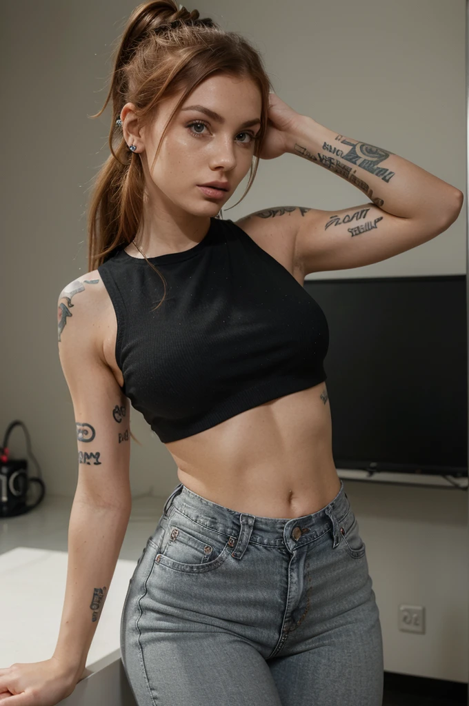 Create an image of a young, sporty European woman in her mid-20s. to athletic figure with a small bust size. She works as a tattoo artist, is tattooed herself and has tubes in her ears and some piercings. She has ginger hair with some highlights that lead to a cheeky hairstyle. Her eyes are an exciting green. She also has some freckles and a sensual mouth. She is wearing a black crop cotton top and skin-tight grey jeans..