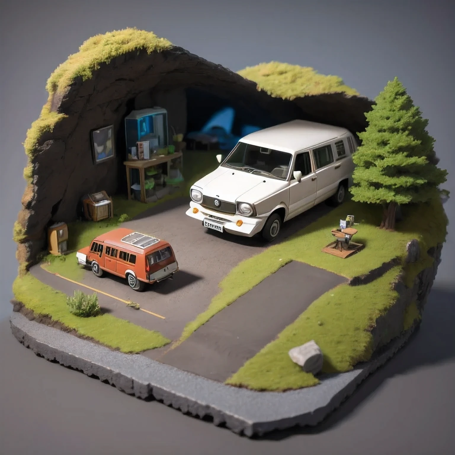 there is a small model of a camper van in a cave, stylized 3d render, 3d illustration, 3 d illustration, highly detailed diorama, 3 d low poly render, 3d low poly render, low poly 3 d, highly detailed sculpey diorama, lowpoly, low poly render, diorama model, low poly 3 d render, diorama