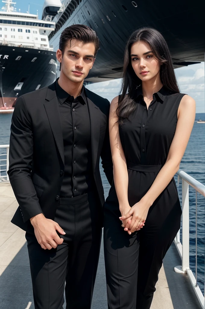 Andrew/imagine a beautiful and cute 20 year old woman with pure white skin she wear black colour sleeveless jumpsuit with 29 year old handsome and hot man in black 3 piece suit with black shirt. Men with emotionless face. they hold hands together. They stand in realistic hyper elegant mood on big ship In background sea