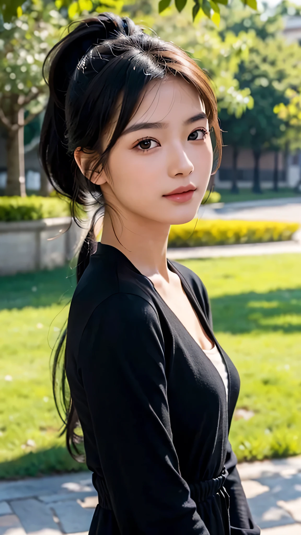 dress,outdoors,Urban Park,On the lawn,One woman,close up face,fully body photo,masutepiece, The highest image quality, High quality, the background is clear，Beautiful woman, Japanese, Detailed, Ultra-detailed, finely detail, hight resolution, 8K Wallpaper, Perfect dynamic composition, Beautiful detailed eyes ,Detailed eyes, Detailed skin, Beautiful skin, 超hight resolution, (reality: 1.4),Very beautiful woman, Slightly younger face, Beautiful skin, slender, (Ultra photo realsisim), (hight resolution), (8K), (Very detailed) (beautifully detailed eyes), (super detailed),   (Detailed face), view the viewer, Fine details, Detailed face, Staring straight ahead, Staring straight ahead, photos realistic, Bright lighting, Professional Lighting, Black hair,poneyTail,a baby face,sixteen years old,Hairstyle: ponytail,Long ponytail hairstyle,slight smile,