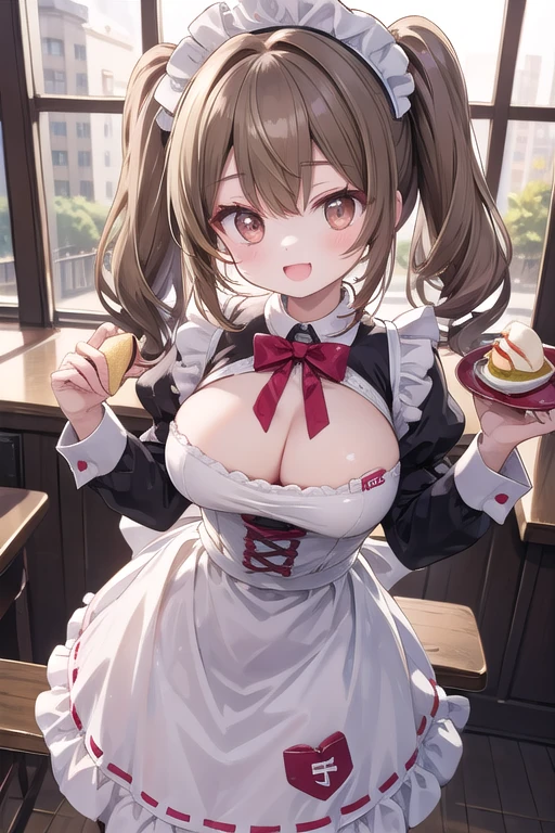 Solo Girl, 16 years old,, Twin tail hair, Light brown hair, Brown eyes, Center of chest, Highest quality, High resolution, Very detailed, Detailed Background, Perfect lighting、Inside the maid café、Are standing,Holding an omelet,Put on the table,Cute maid outfit、very cute,Large Breasts,Cute eyes,Puffy eyes,smile,