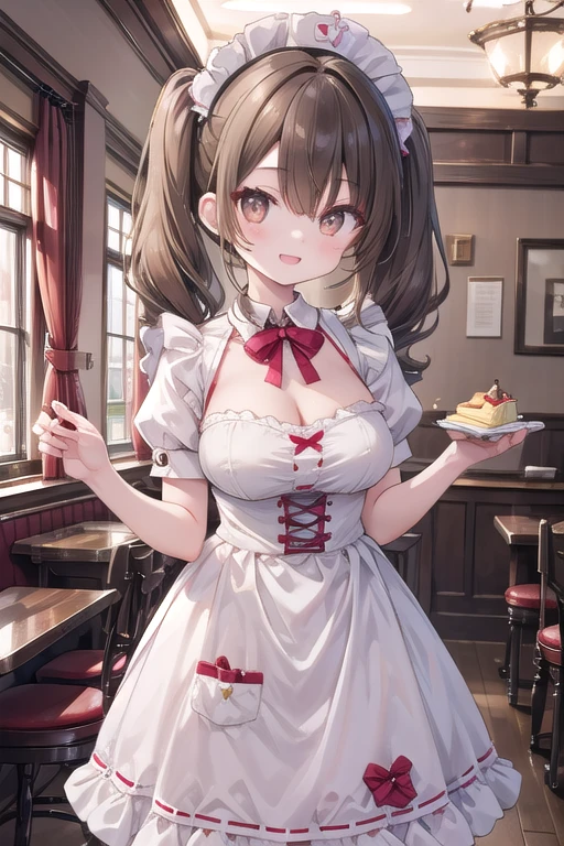 Solo Girl, 16 years old,, Twin tail hair, Light brown hair, Brown eyes, Center of chest, Highest quality, High resolution, Very detailed, Detailed Background, Perfect lighting、Inside the maid café、Are standing,Holding an omelet,Put on the table,Cute maid outfit、very cute,Large Breasts,Cute eyes,Puffy eyes,smile,