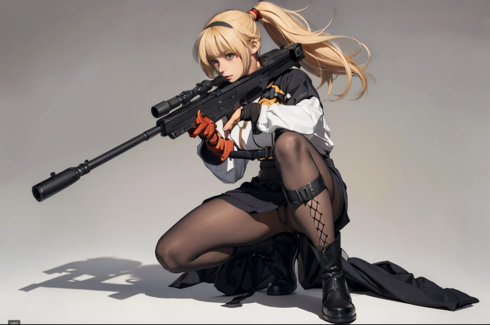 Elaizaikedareal, 1girl, solo, short hair, skirt, blonde hair, red eyes, gloves, ponytail, weapon, pantyhose, hairband, boots, holding weapon, gun, black pantyhose, rifle, one knee, sniper rifle, scope, shell casing