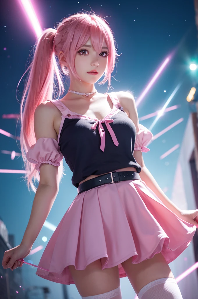 One girl, Magical girl, ponytail ,Pink Hair, Brainwashed Eyes, night, Particles of light, light, Side Lighting, Thighs, skirt, Knee socks
