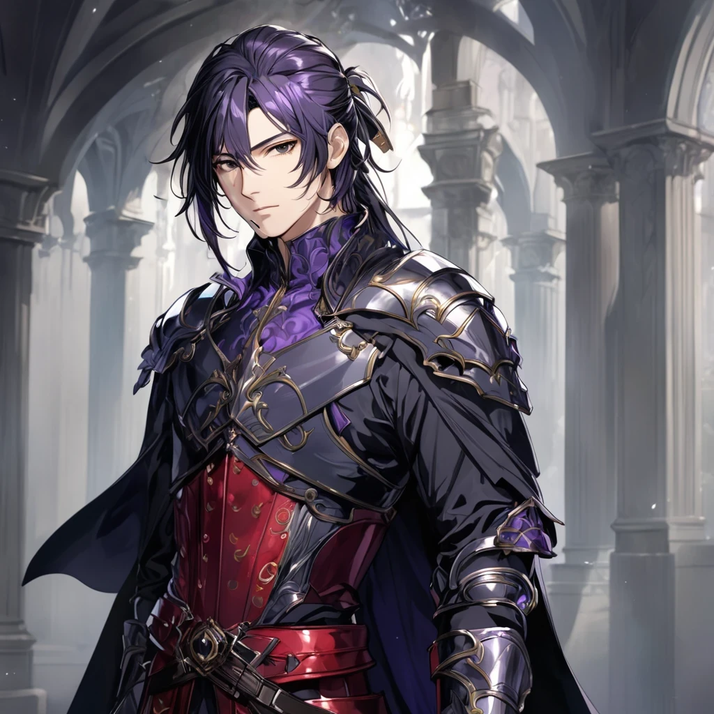masterpiece, best quality, 1man, adult, male focus, solo, long pony tail hair, black purpleish hair, vibrant black eyes, looking at viewer, Fantasy aesthetics, Highly detailed, shadowverse style