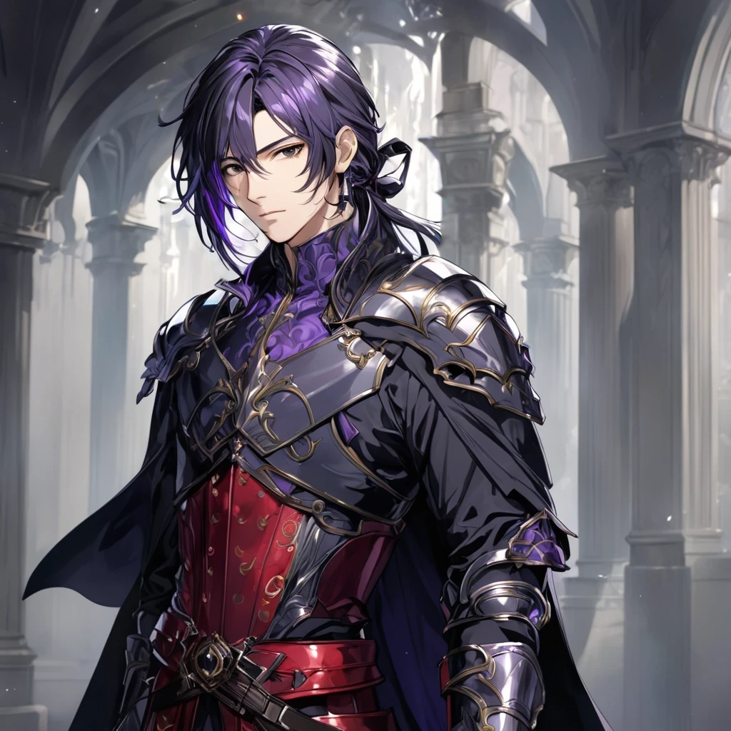 masterpiece, best quality, 1man, adult, male focus, solo, long pony tail hair, black purpleish hair, vibrant black eyes, looking at viewer, Fantasy aesthetics, Highly detailed, shadowverse style