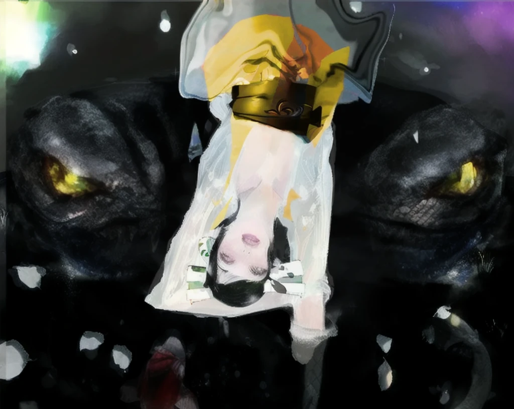 A half-naked woman lies on her back on a giant snake in a swamp、It's upside down