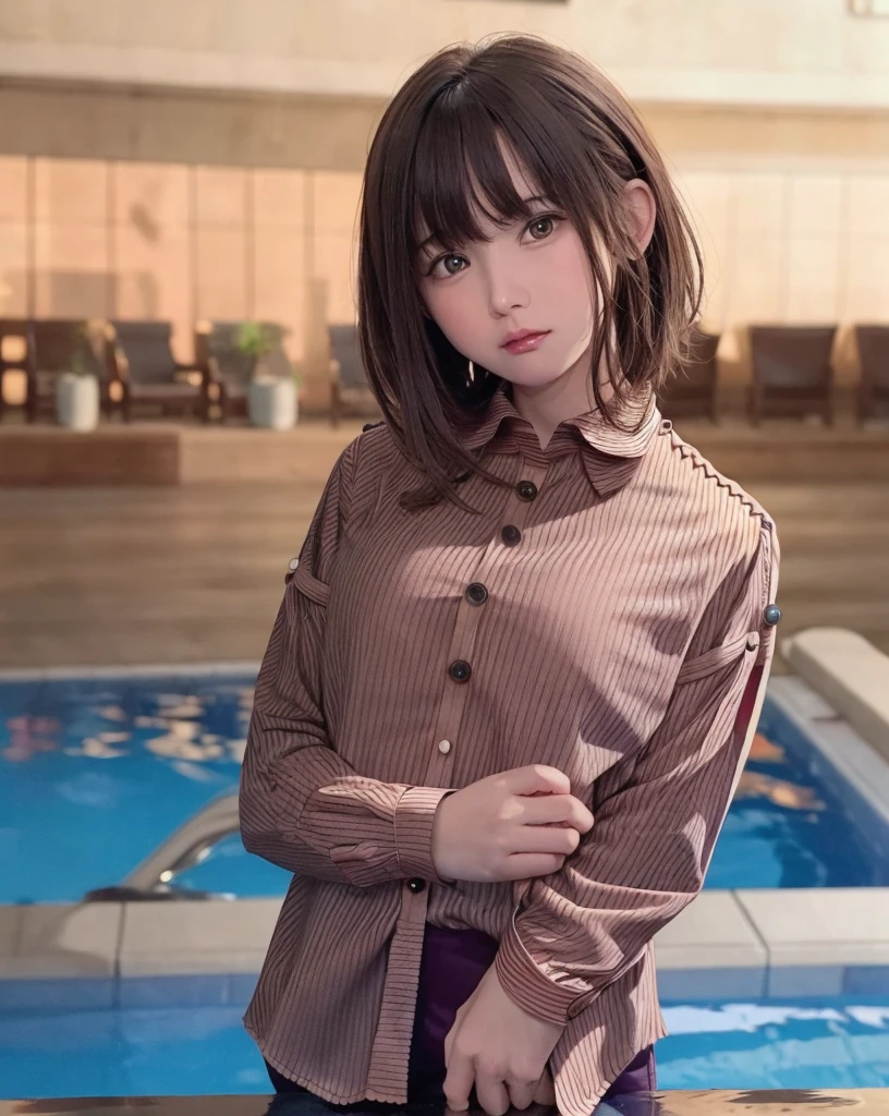 Purelos Face_v1, Highest quality, Realistic, 8K, High resolution, Full Color, One girl, woman, 20 years old woman, (Mouth closed:1.33), (Portraiture:0.6), wood, Dawn, ((Poolside Background:1.52)), Full Color, ((Buttoned shirt:1.88)), View your viewers:1.8, (One girl eyes View your viewers:1.55), (Medium Hair, Brown Hair, Parted bangs:1.35), (Bokeh),
