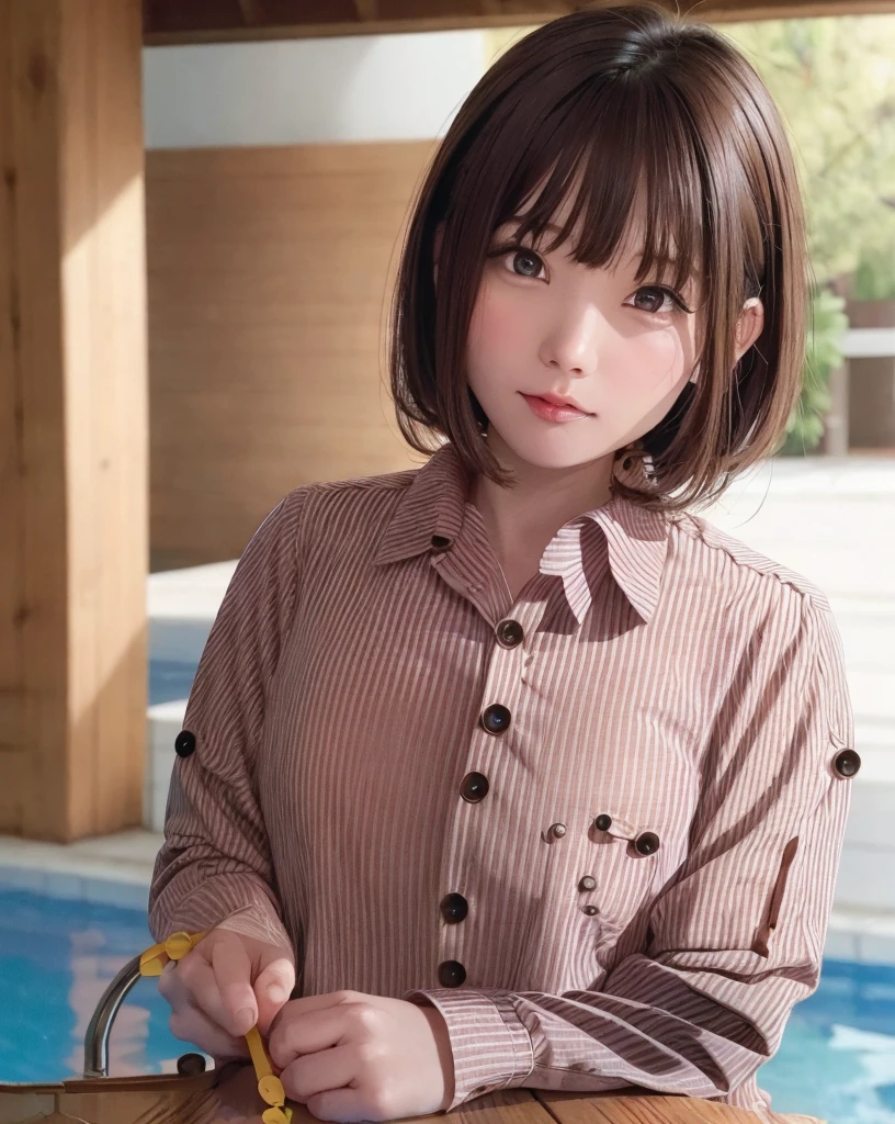 Purelos Face_v1, Highest quality, Realistic, 8K, High resolution, Full Color, One girl, woman, 20 years old woman, (Mouth closed:1.33), (Portraiture:0.6), wood, Dawn, ((Poolside Background:1.52)), Full Color, ((Buttoned shirt:1.88)), View your viewers:1.8, (One girl eyes View your viewers:1.55), (Medium Hair, Brown Hair, Parted bangs:1.35), (Bokeh),