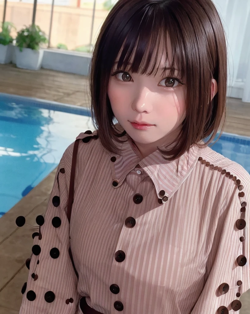 Purelos Face_v1, Highest quality, Realistic, 8K, High resolution, Full Color, One girl, woman, 20 years old woman, (Mouth closed:1.33), (Portraiture:0.6), wood, Dawn, ((Poolside Background:1.52)), Full Color, ((Buttoned shirt:1.88)), View your viewers:1.8, (One girl eyes View your viewers:1.55), (Medium Hair, Brown Hair, Parted bangs:1.35), (Bokeh), 