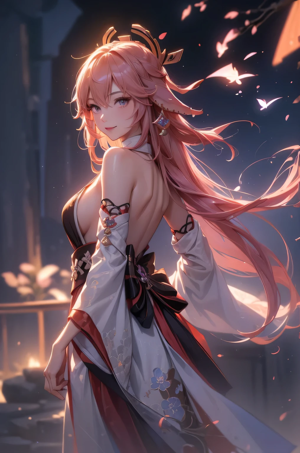 ((yaemikodef)):1.5, ((masterpiece,Highest quality,Highly detailed images,Beautiful images、Dutch Angle)), (Image of yaemiko smiling in front of lightning、Overall dim lighting、Backlight、Strong backlighting、Fantastic dark atmosphere、Thick Fog、Dust flutters),(Dynamic pose)1.2, sideboob
