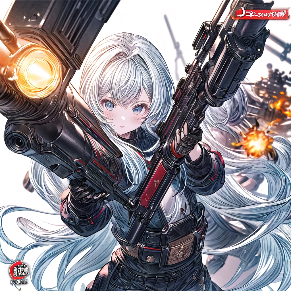 One girl、Dynamic configuration、[17277fbe68],threatened hideo、high quality、Maximum details、(((最high quality、最高masterpiece、Official Art、最高のDynamic configuration)))、(Thin Hair)、(Tabletop, 最high quality), Very detailed, Anime Style, Concept Art、whole body, (masterpiece), 最high quality, Fantasy art,whole body、masterpiece、最high quality、(colorful)、（Beautifully detailed eyes and face）、Cinema Lighting、Extremely detailed CG、Super huge、whole body、wallpaper、Uniforms with weapons in Wonderland, (((Everybody wears black and red ))), Ammunition belt, gun, machine gun, gatling gun, hand gun,weapons,Barren Land、White Background、