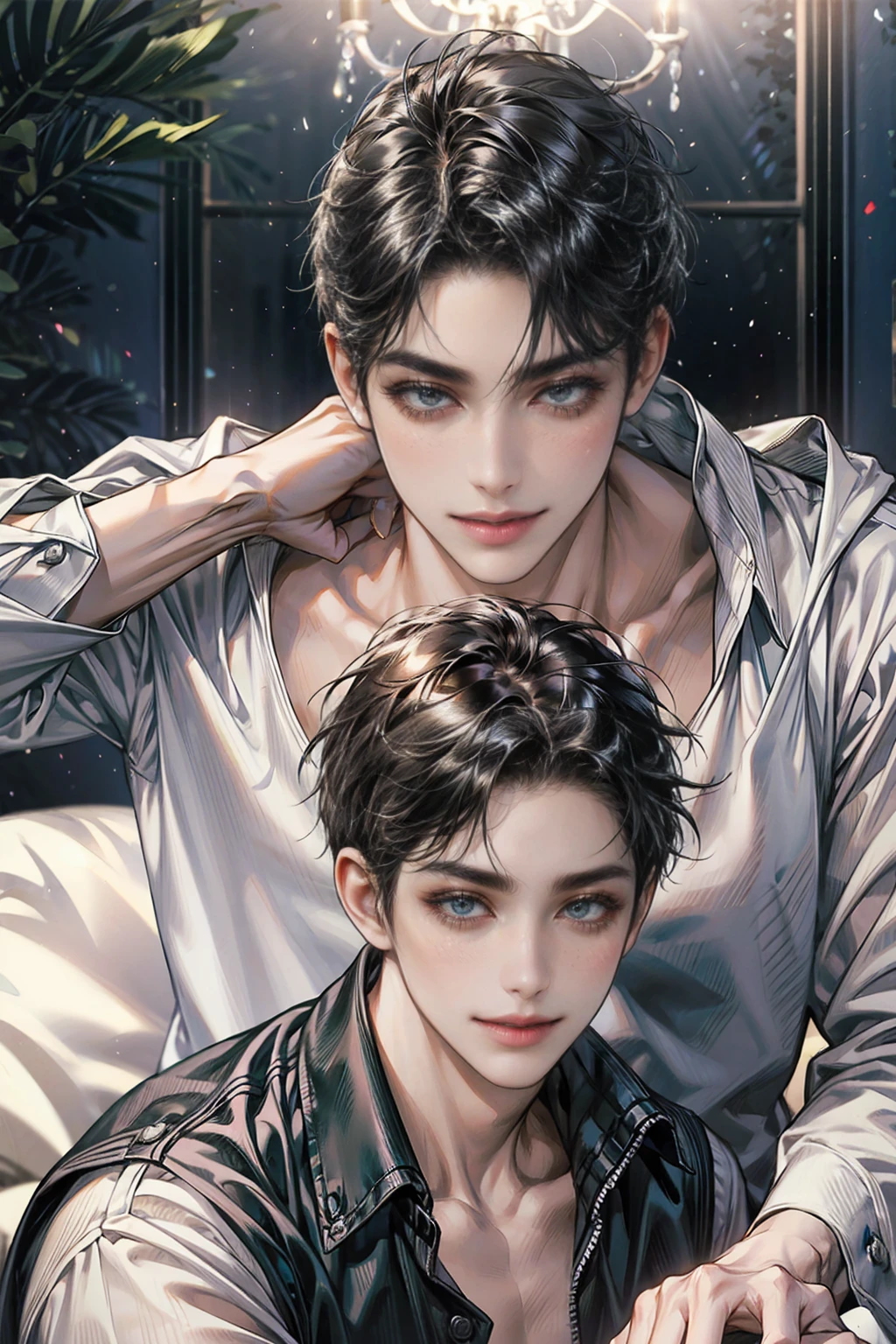 Black-haired boy,blue eyes,Looking at the camera with smiled expression,Lying completely naked in bed,
