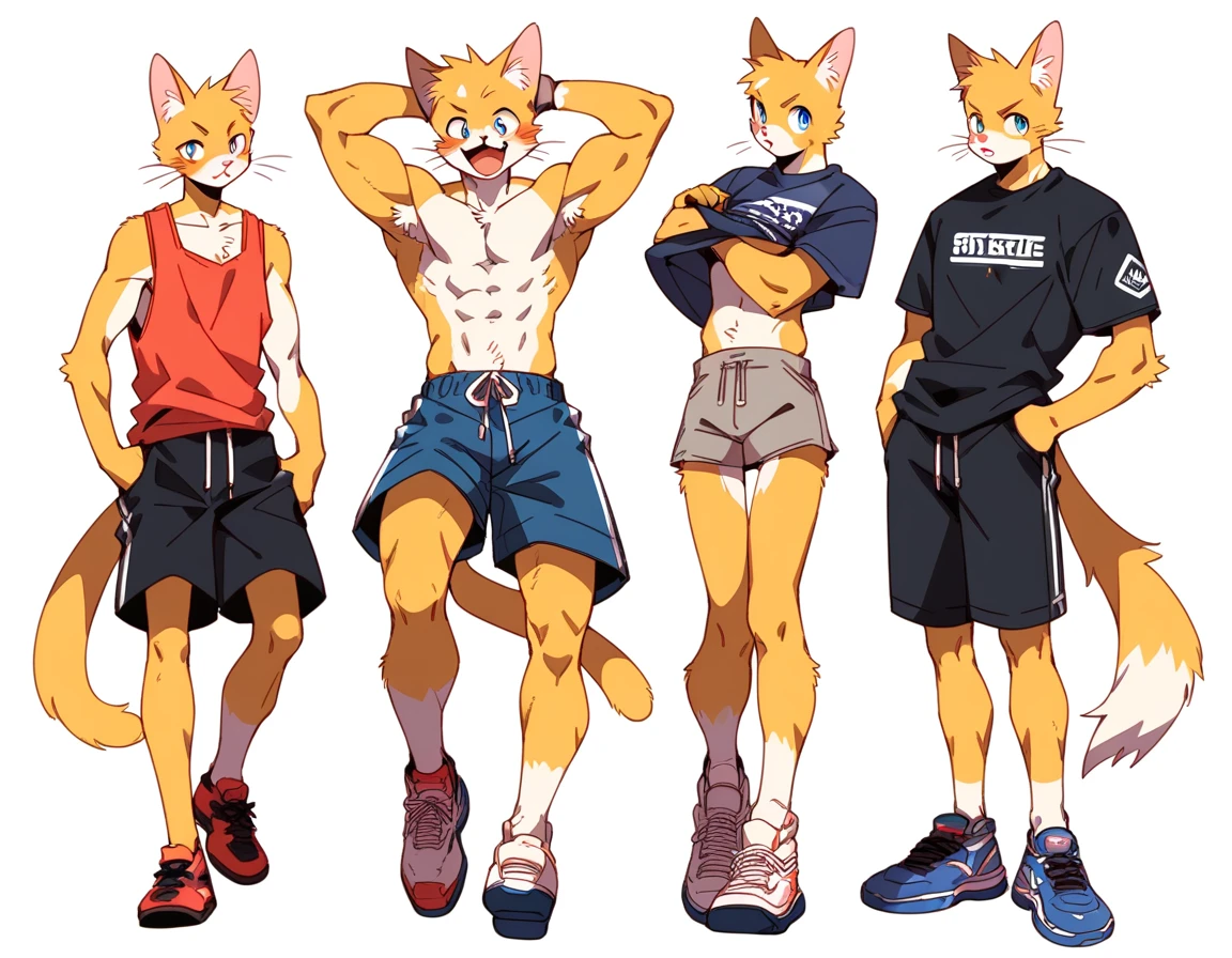 score_9, score_8_up, score_7_up, full body male, furry, high quality, hires, anthro, teenager, 18 years old, domestic cat, yellow fur, blue eyes, an excited expression, humanoid feet, slim body, prominent v-line, prominent abs, prominent legs, toned calves, prominent forearms, prominent knees, white background, treasure trail, armpit hair, fuzzy legs, low-rise shorts, in various poses, showing off muscles, scater