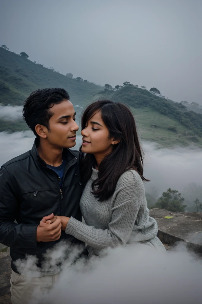 boy and girl making love at hill station, fog, natural,