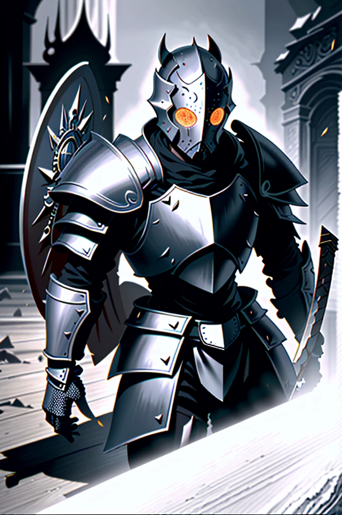 a man in armor holding a sword and a shield, pale black armor, berserk knight black armor, black soul armor concept, knight of dark souls, knight of dark souls, evil knight, in monster hunter armor, with Robert Pattinson's face wearing antique knight armor, similar to Marvel's Black Knight, very strong, Marvel Hero style, 8K, best qualityer, full body in the image, walking in the castle in England.