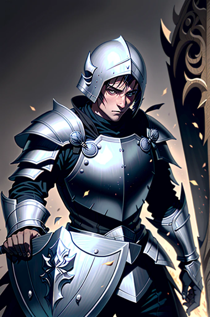 a man in armor holding a sword and a shield, pale black armor, berserk knight black armor, black soul armor concept, knight of dark souls, knight of dark souls,  evil knight, in monster hunter armor, with Robert Pattinson&#39;s face wearing antique knight armor, similar to Marvel&#39;s Black Knight, very strong, Marvel Hero style, 8K, best qualityer, full body in the image, walking in the castle in England.