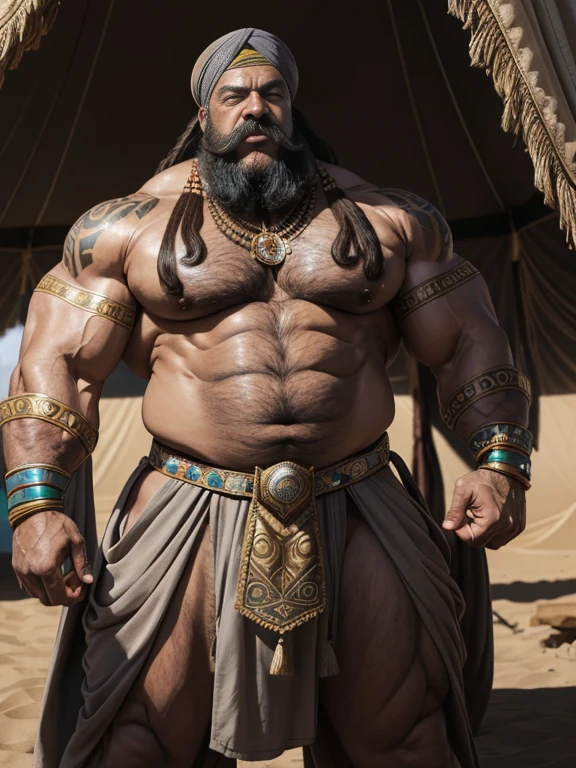 Bare-chested superhero caliph extremely old over 80 years old very muscular and fat over 200 kg bare-chested African-American large flaccid pectorals with a huge turban decorated with jewels huge brown nipples very long gray hair and large gray mustaches with huge tattooed arms in a desert tent lying on brocatto and silk pillows