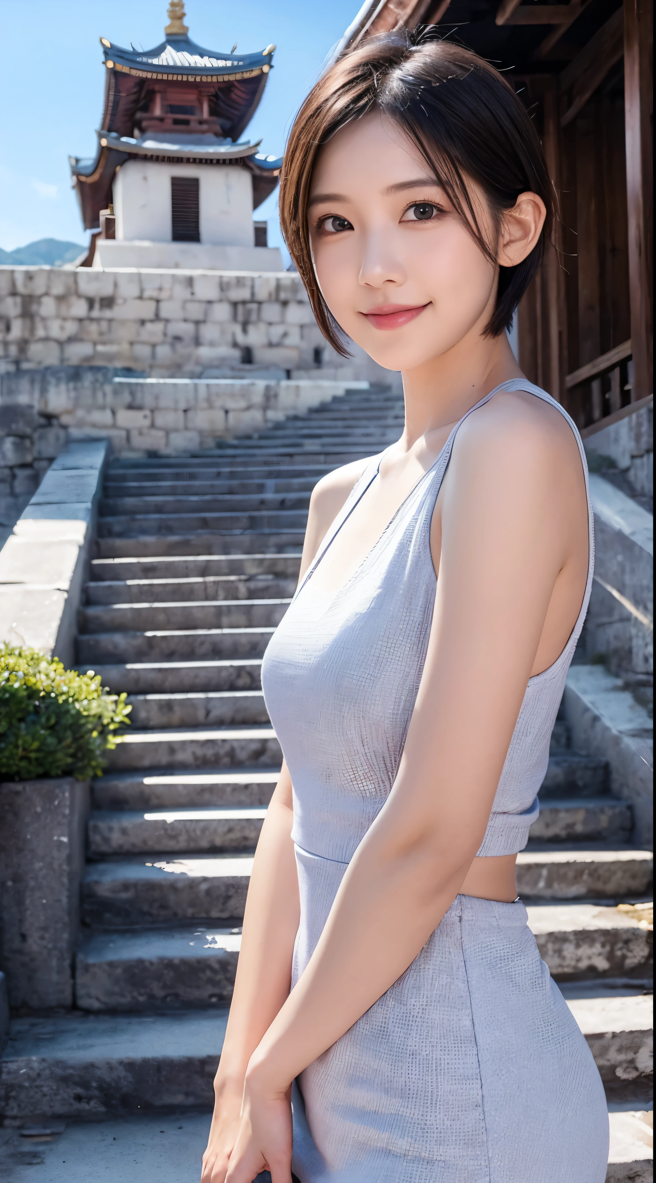 keqingdef, upper body, smile, blush, outdoors, day, simple background, blue sky, short hair, sky, temple, looking at viewer, stairs, mountain, moody lighting, facing viewer,