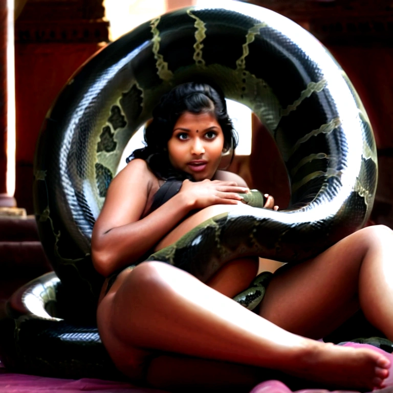 Pregnant Happy Horny, aroused 1girl), beautiful Indian young girl with giant colossal kaa monster squeezing her hard, wrapped in thick spiraling coils, constricted, struggle, gasping for air, snake attack, snake peril,