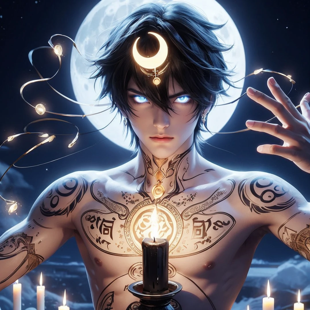 Handsome boy, black hair, bright blue eyes, crescent moon on his head, holding black candle, full moon background