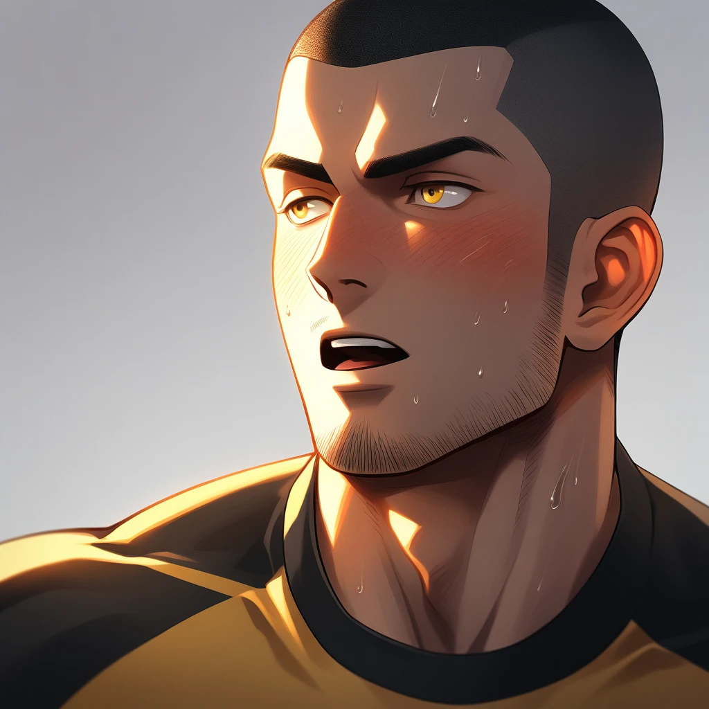 1muscular sportsman, male focus, Buzz Cut, Yellow and black tight T-shirt, Very tight, muscular male, muscular, only, Upper body, alone, look to the side, short hair, stubble, sweat, black hair, Yellow eyes, open lips, White background, simple background, amazing quality, best aesthetics, Ridiculous, crew cut, moaning, blush, chiaroscuro, cinematic lighting, best quality, textured skin