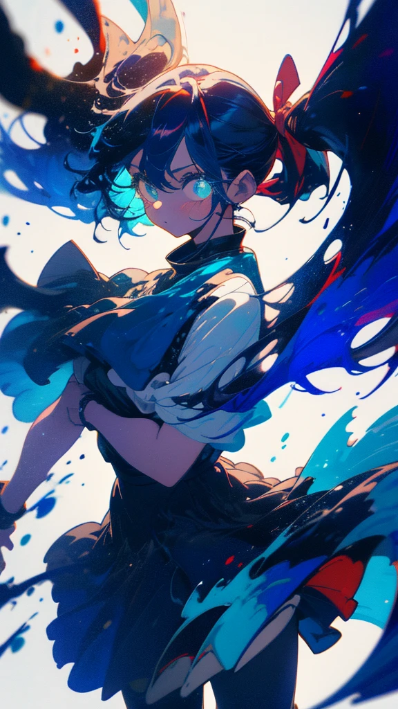 Blue-haired side ponytail,Design clothing,Seven-doppelganger shot,Anime style 4K,Anime girl with teal hair,High quality anime art style,Standing painting,Splash ink background,Blue Themes、Pure white background