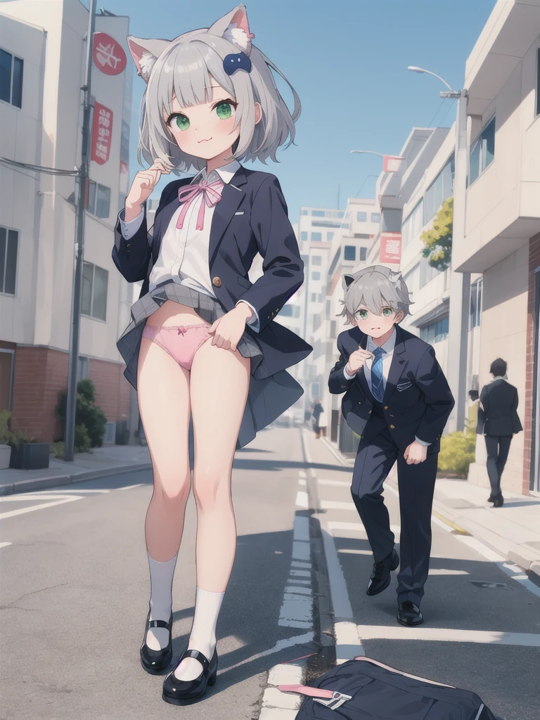 Outdoor,((School building)),1girl,Green Eyes, Grey Hair, hair ornaments, bangs, Virtual YouTuber, blunt bangs, Double Bang, Animal ears, Flat Chest,Pee Uniform,Navy Blue Blazer,White shirt,Pink ribbon,Grey Skirt,Pink Panties,White long socks,Black low heels, :3,Cover 1boy&#39;s head with a skirt