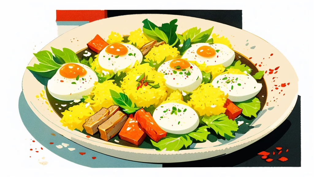 Infographics, simple illustrations Woodcut style
Stir-fried rice with basil, minced pork and fried egg
1. Prepare the ingredients: garlic, bird's eye chilli, basil leaves and steamed rice.
2. Fry fried eggs: Fry fried eggs in a pan.
3. Stir-fried minced pork with basil: Stir-fried with garlic and chili, stir-fried minced pork and adding basil leaves.
4. Serving: Serving minced pork with basil fried rice and fried eggs on a plate.