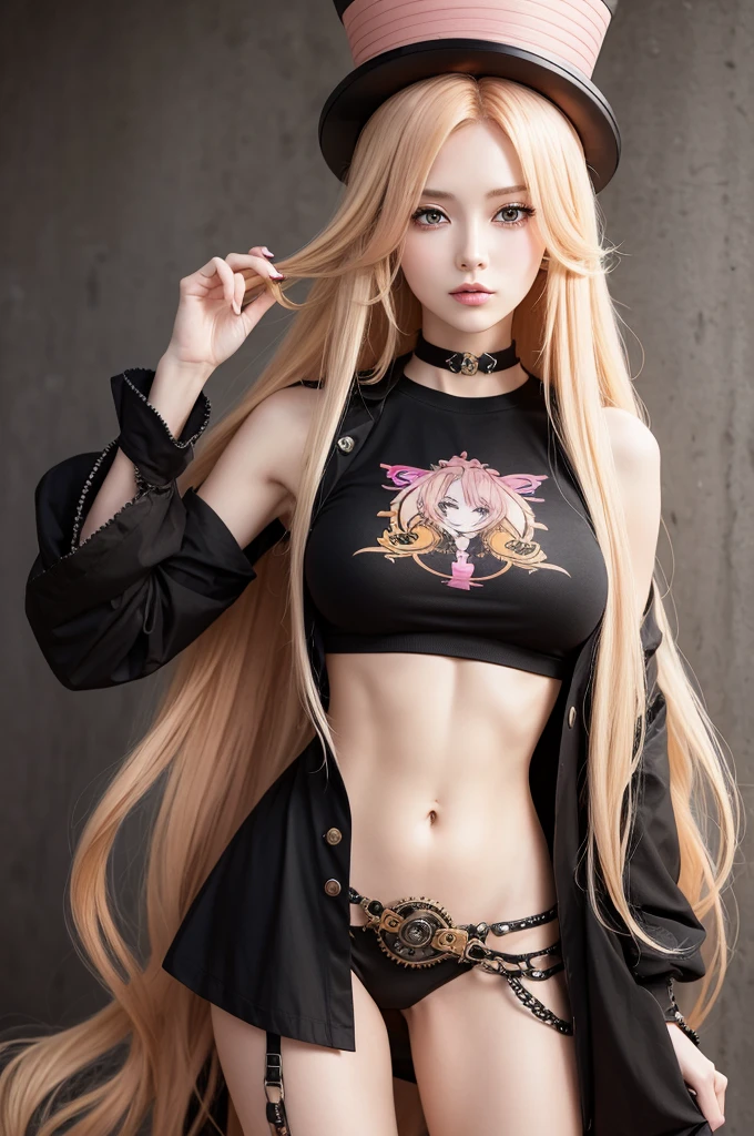 An anime style woman, with long blonde hair,the hair has pink and orange tones. She's wearing a black T-shirt, and wearing a top hat with steampunk gears.
