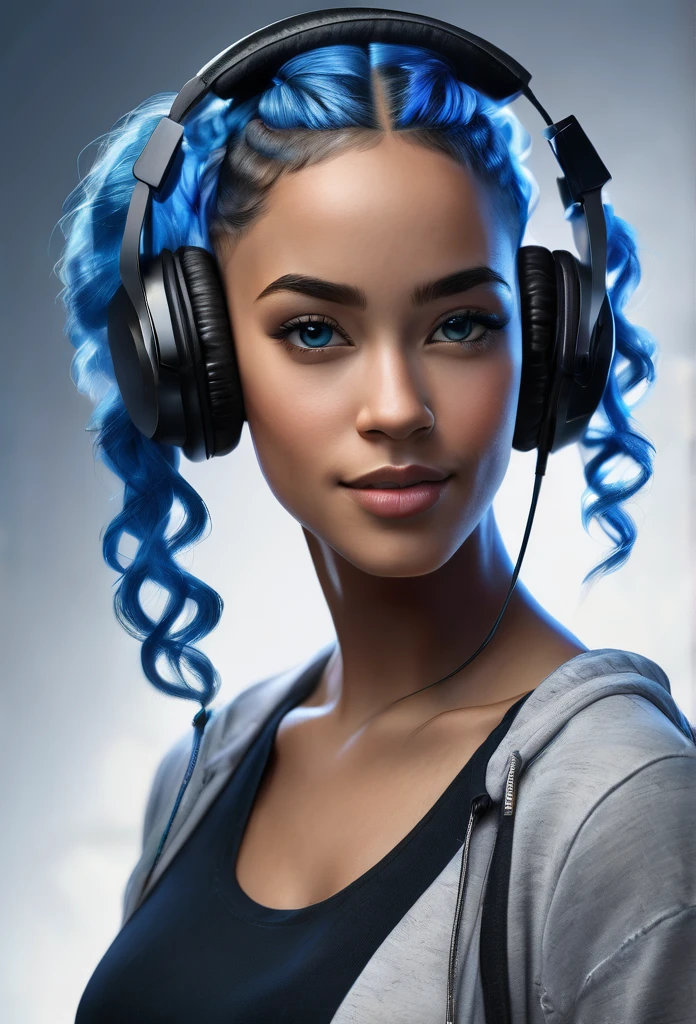 beautiful biracial woman, recording studio, black headphones, microphone, blue hair, blue eyes, intricate details, realistic, photorealistic, 8k, masterpiece, cinematic lighting, chiaroscuro, dramatic colors, warm tones, dynamic pose, looking at camera, focused expression