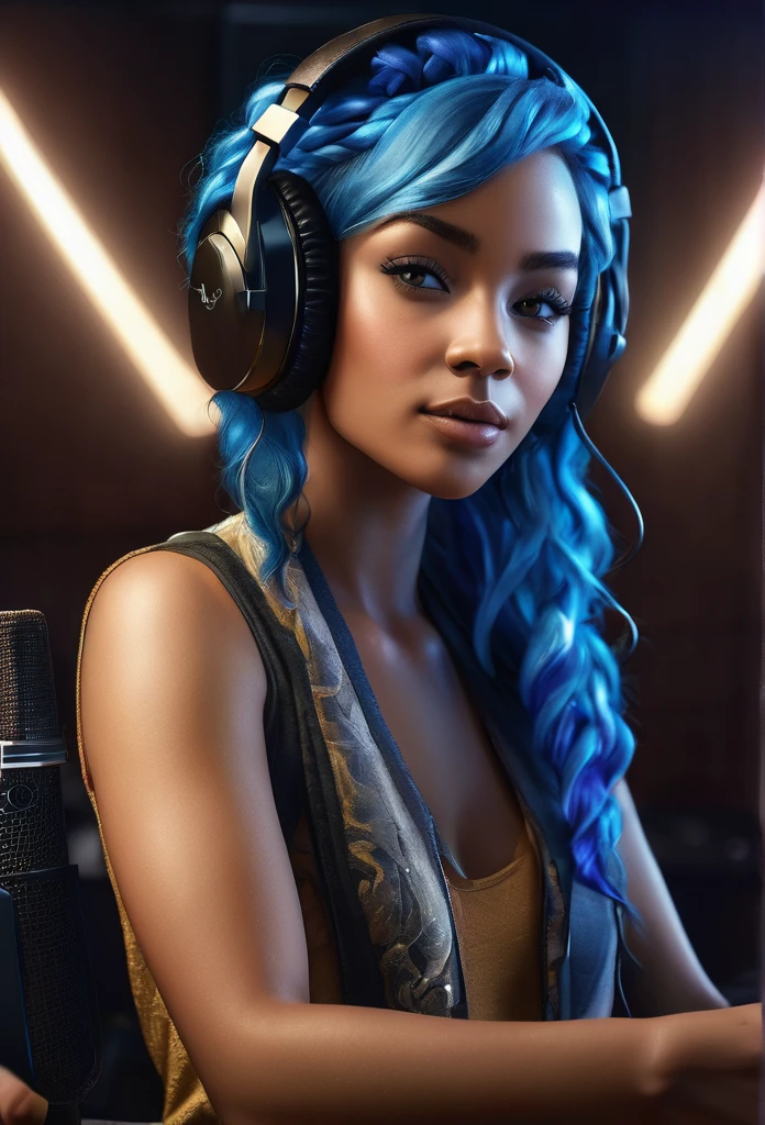 beautiful biracial woman, recording studio, black headphones, microphone, blue hair, blue eyes, intricate details, realistic, photorealistic, 8k, masterpiece, cinematic lighting, chiaroscuro, dramatic colors, warm tones, dynamic pose, looking at camera, focused expression