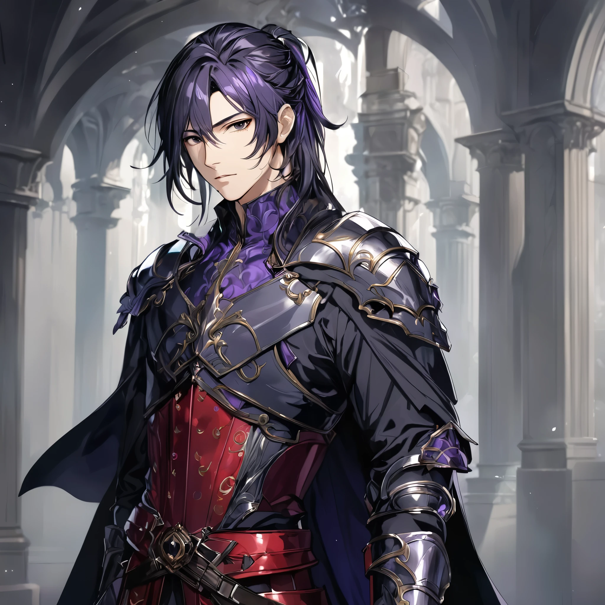 masterpiece, best quality, 1man, adult, male focus, solo, long pony tail hair, black purpleish hair, vibrant black eyes, looking at viewer, Fantasy aesthetics, Highly detailed, shadowverse style