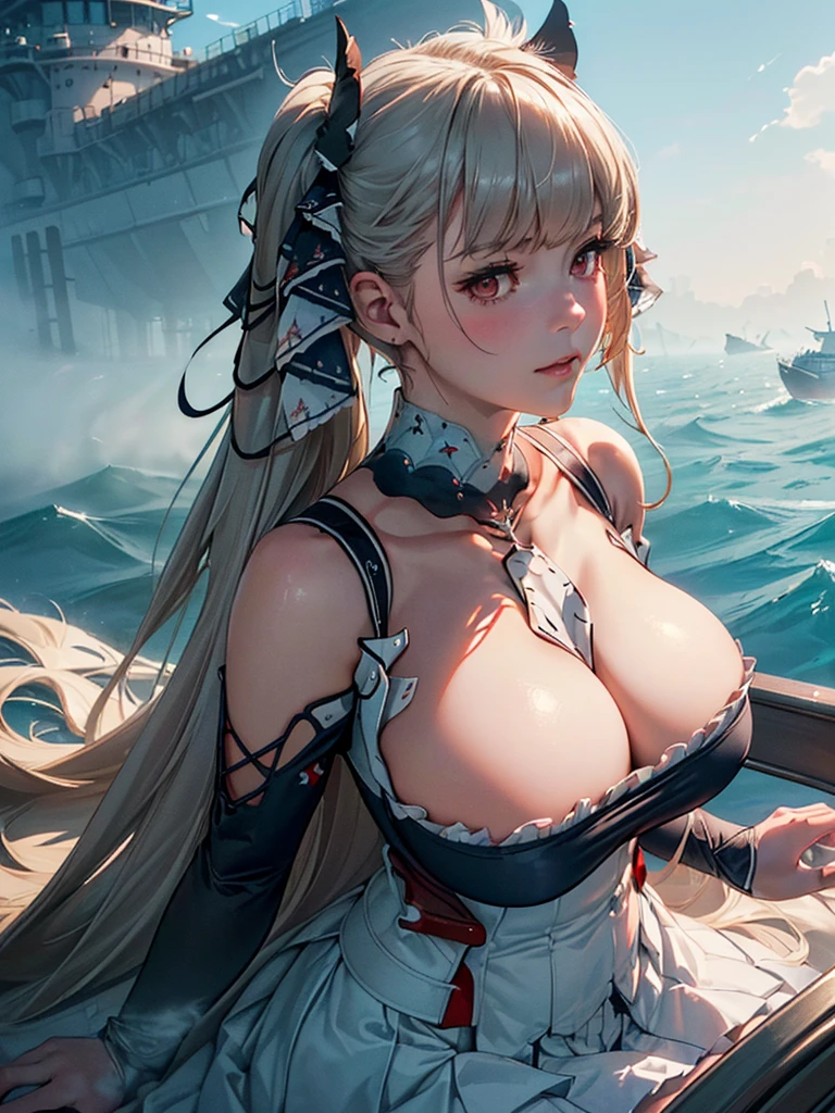 ((terrific_azurlane, terrific_default)):1.5, ((masterpiece,Highest quality,Highly detailed images,Beautiful images、Realistic、Dutch Angle)), (Bright lighting overall、Backlight、A fantastic atmosphere、Thick Fog、Dust flutters),(Dynamic pose、Beautiful cleavage、large breasts)1.2, ((Ocean、On the boat))