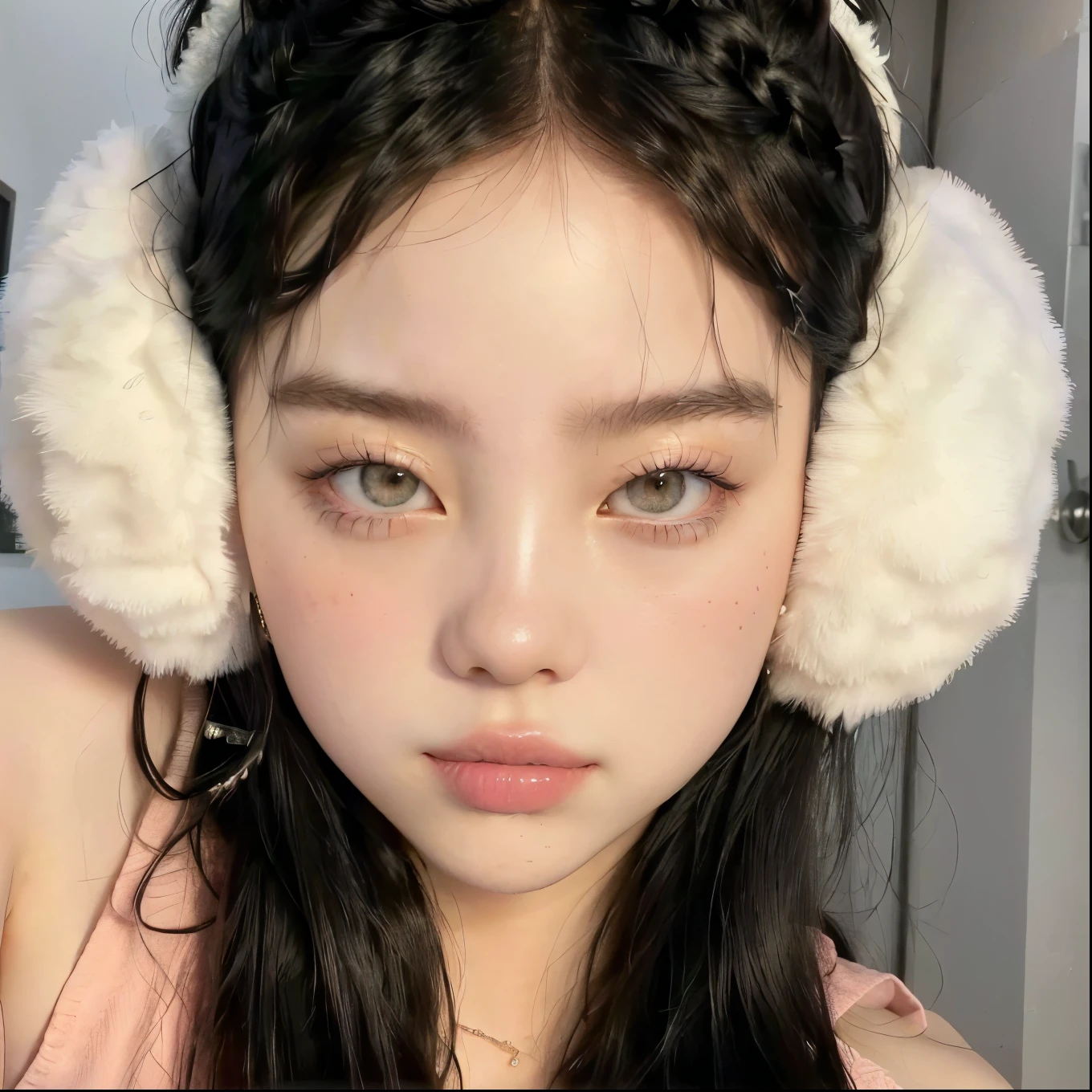 arafed woman wearing a pair of ear muffs and a pink dress, young cute wan asian face, blackpink jennie, ruan cute vtuber, asian face, icy eyes, belle delphine, wan adorable korean face, detailed face of a asian girl, young adorable korean face, roseanne park of blackpink, asian features, south east asian with round face , korean girl , Jennie , blackpink Jennie , blackpink Lisa , ulzzang , Korean famale face , cute 