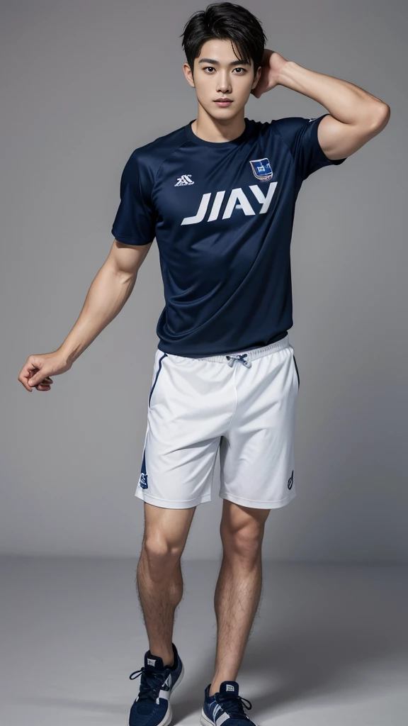 1 handsome Japanese guy，A 27-year-old man wearing a blue shirt and shorts stands against a white background, navy blue, navy blue, Sports T-shirt, blue, Sportswear, Magnificent dark blue clothes, Sportswear, short sleeves, Jinjinshen blue clothes, short young man, Tennis wear, Wearing a track suit, dark blue decorative clothing，Masculine，handsome，High，Muscles look good，hairy body，Wheat complexion，black eyes（thin eyes 1：3），Full body image