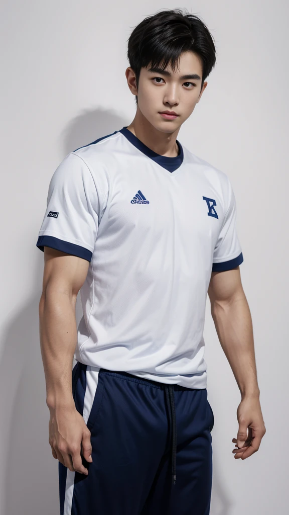1 handsome Japanese guy，A 27-year-old man wearing a blue shirt and shorts stands against a white background, navy blue, navy blue, Sports T-shirt, blue, Sportswear, Magnificent dark blue clothes, Sportswear, short sleeves, Jinjinshen blue clothes, short young man, Tennis wear, Wearing a track suit, dark blue decorative clothing，Masculine，handsome，High，Muscles look good，hairy body，Wheat complexion，black eyes（thin eyes 1：3），Full body image