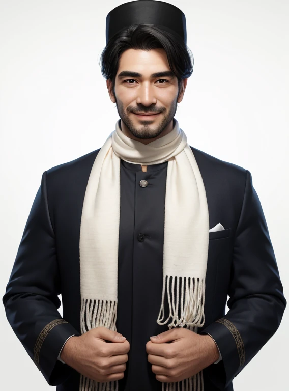 Realistic 3D caricature. Big head. "A man with a friendly expression, tall, thin body, oval face shape. oval chin, handsome, slightly round eyes, white skin, wearing a dark blue traditional dress with a row of buttons on the front. He wears a white scarf around his neck and a black hat with intricate white embroidery. The man smiles warmly and holds the ends of his scarf with both hands. He has short black hair and wears a ring on his left hand. The background should be plain white. Use soft photography lighting with hair lighting, edge lighting, and top lighting. Very high detail photo.