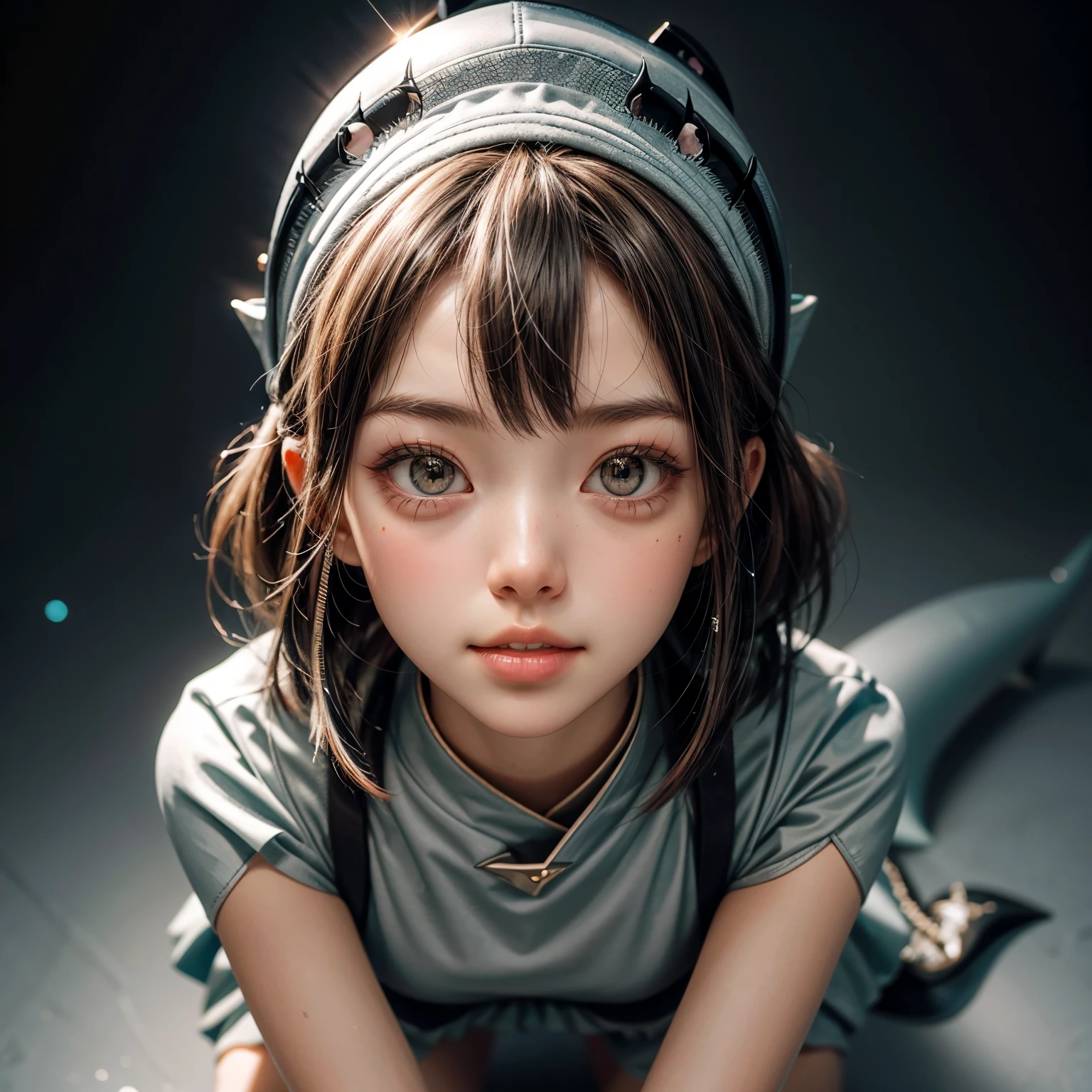 ((Skinny Shark BodySuit, (Stuffed shark head cap)with big WhiteTeeth)), 8k, High-level, absurd, masterpiece, best quality, primitive, very detailed CG, very detailed wallpaper, perfect lighting, Extremely detailed ((( personifying " Shark" as a ))), MysticSight, Tyndall effect, Tyndall scattering, (Studio gray background with (Overflowing oodles Dazzling RainbowColorParticles (BokeH))), (BloodRed short hair, RoundlyButts, Leg Fins installed), (Exposed:0.4), (Assfocus with looking ahead) BREAK (Acutance:0.88), (NOGIZAKA face variations) Extremely Detailed very KAWAII face variations, perfect anatomy, Childish, CaptivatingGaze ElaboratePupils detailed Eyes with (sparkling highlights:1.28), (Voluminous LongEyelashes:0.88)、GlossyRED Lips with beautiful details, RosyCheeks, Radiant PearlSkin with Transparency . { (Dynamic LifeLike expressions:1.4) | (:d) }, (large eyes:-1) . ((animal ears:-1.2))