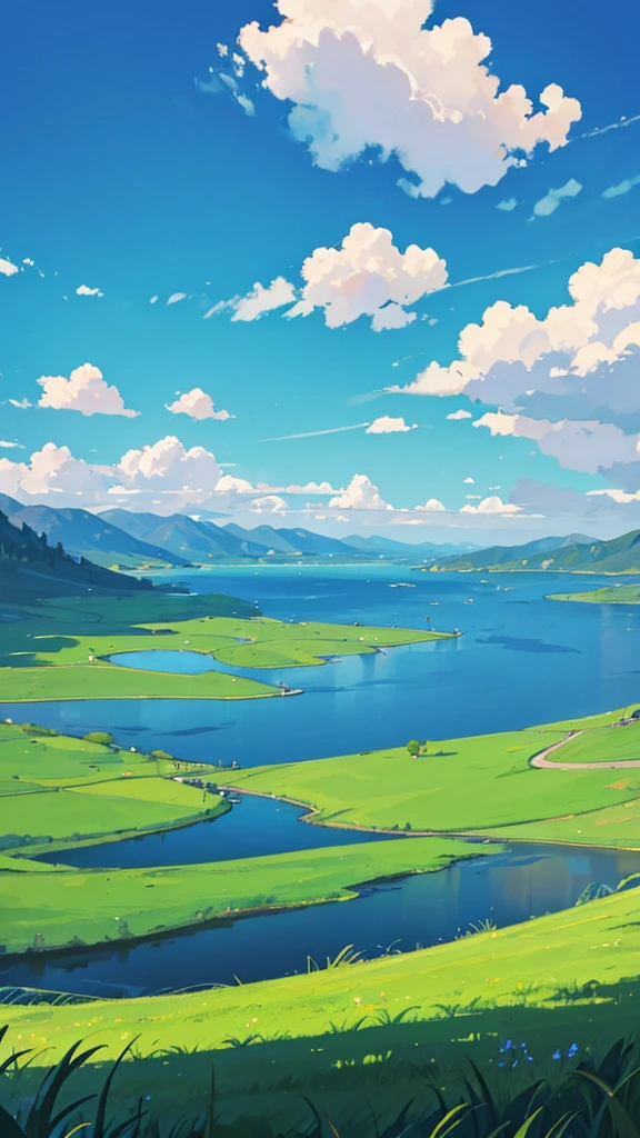 A vast grassland with a blue sky full of clouds with lake