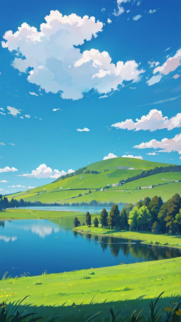 A vast grassland with a blue sky full of clouds with lake