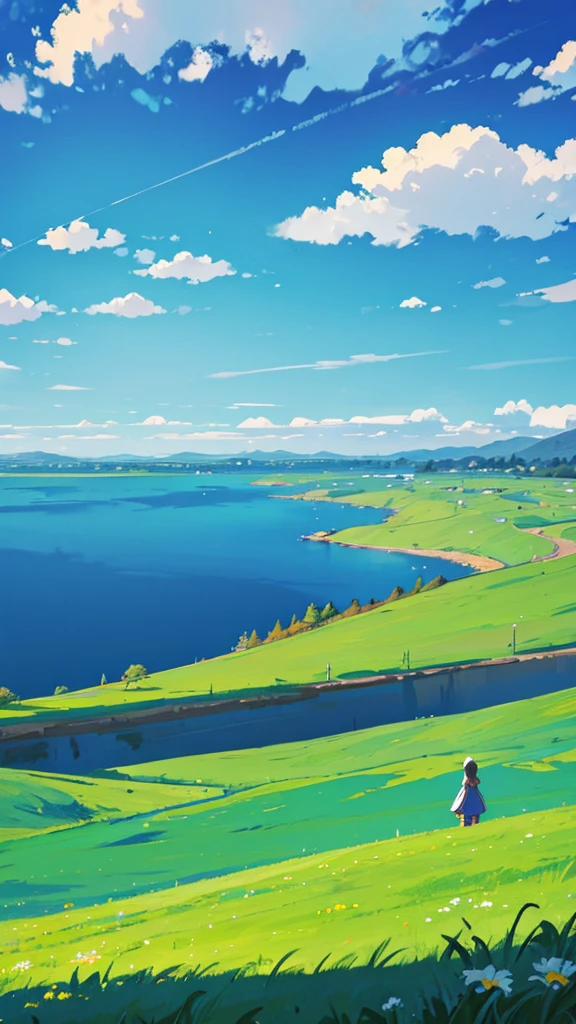 A vast grassland with a blue sky full of clouds with lake