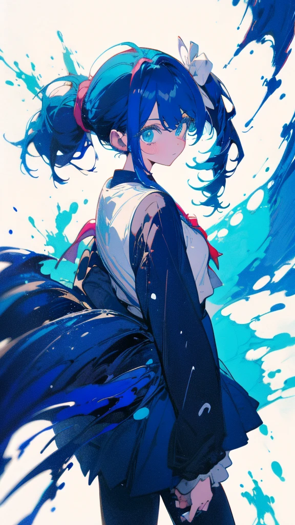 Blue-haired side ponytail,Design clothing,Seven-doppelganger shot,Anime style 4K,Anime girl with teal hair,High quality anime art style,Standing painting,Splash ink background,Blue Themes、Pure white background