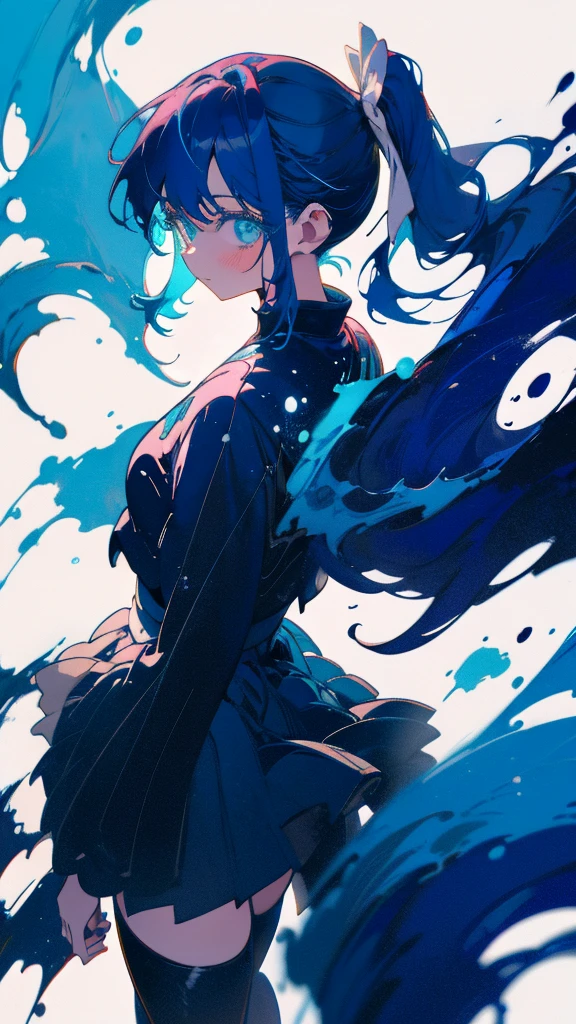 Blue-haired side ponytail,Design clothing,Seven-doppelganger shot,Anime style 4K,Anime girl with teal hair,High quality anime art style,Standing painting,Splash ink background,Blue Themes、Pure white background