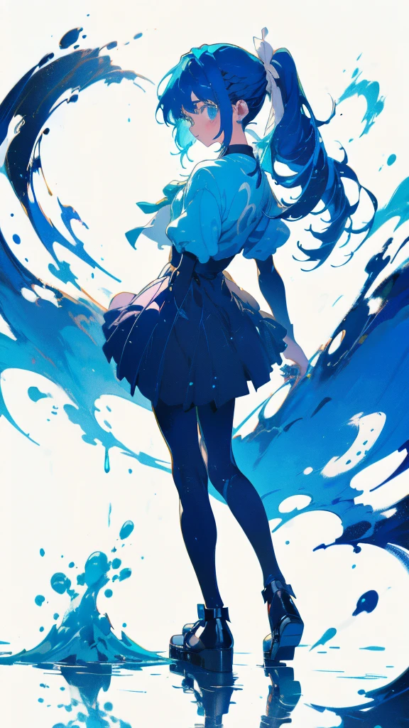 Blue-haired side ponytail，Design clothing，Seven-doppelganger shot，Anime style 4K，Anime girl with teal hair，High quality anime art style，Standing painting，Splash ink background，Blue Themes、Pure white background