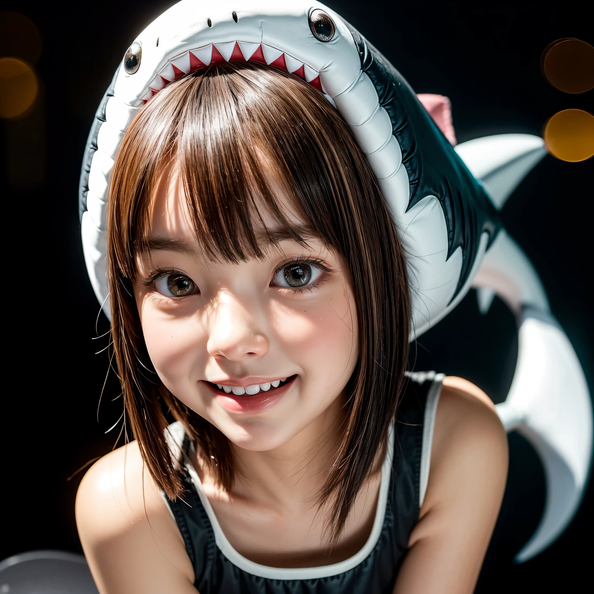  ((Skinny Shark BodySuit, (Stuffed shark head hat)with White Teeth)), 8k, High-level, absurd, masterpiece, best quality, primitive, very detailed CG, very detailed wallpaper, perfect lighting, Extremely detailed ((( personifying " Shark" as a Little Girl))), MysticSight, Tyndall effect, Tyndall scattering, (Studio gray background with (Overflowing oodles Dazzling RainbowColorParticles (BokeH))), (Blood Red short hair, RoundlyButts, Leg Fins installed), (Exposed:0.4), (Assfocus with looking ahead) BREAK  (Acutance:0.88), (NOGIZAKA face variations) Extremely Detailed very KAWAII face variations, perfect anatomy, Childish, CaptivatingGaze ElaboratePupils detailed Eyes with (sparkling highlights:1.28), (Voluminous LongEyelashes:0.88)、GlossyRED Lips with beautiful details, RosyCheeks, Radiant PearlSkin with Transparency . { (Dynamic LifeLike expressions:1.4) | (:d) }, (large eyes:-1) . ((animal ears:-1.2))