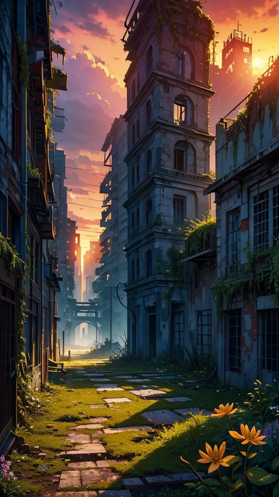 ((masterpiece, best quality)), (abandoned city, a lot of flower and moss grows, ruins, sunset), dramatic lighting, retro coloring